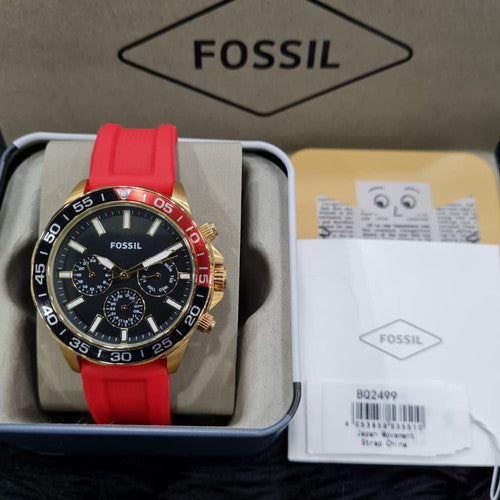 Fossil Bannon Multifunction Black Dial Red Silicone Strap Watch for Men - BQ2499 Watches Fossil   