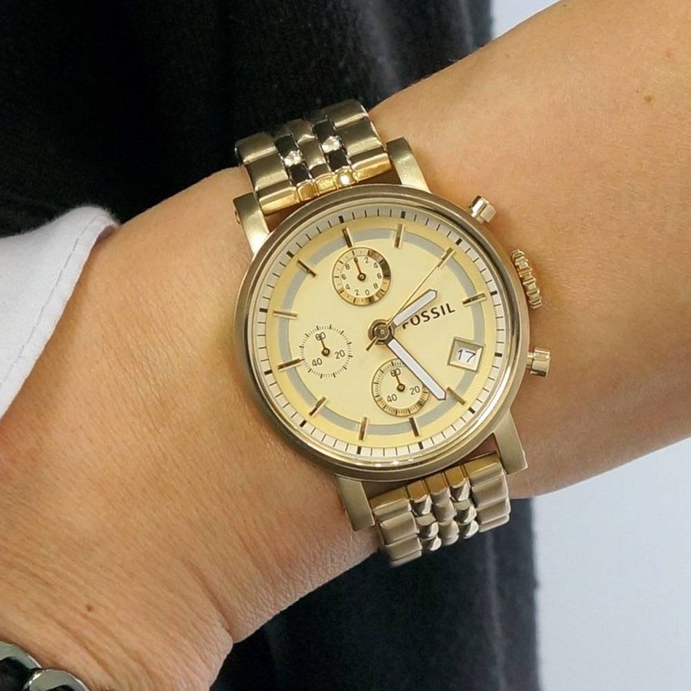 Fossil Boyfriend Chronograph Gold Dial Gold Steel Strap Watch for Women - ES2197 Watches Fossil   