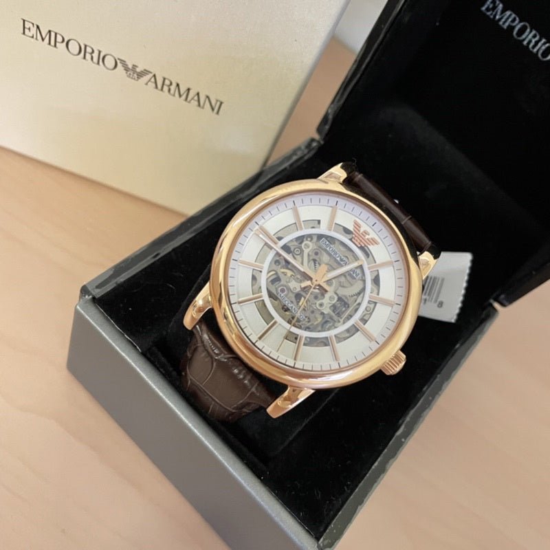 Emporio Armani Meccanico Silver Skeleton Dial Brown Leather Strap Watch For Men - AR1983 Watches Emporio Armani   