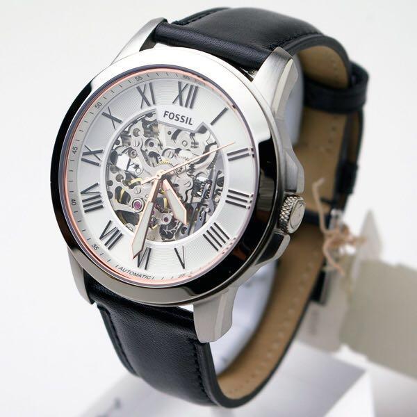 Fossil Grant Automatic Skeleton White Dial Black Leather Strap Watch for Men - ME3101 Watches Fossil   