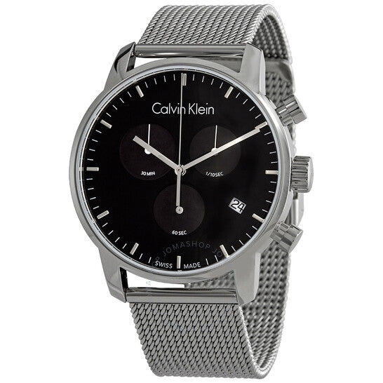 Calvin Klein City Chronograph Black Dial Silver Mesh Bracelet Watch for Men - K2G27121 Watches Calvin Klein   