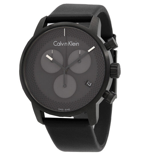 Calvin Klein City Chronograph Grey Dial Black Leather Strap Watch for Men - K2G177C3 Watches Calvin Klein   