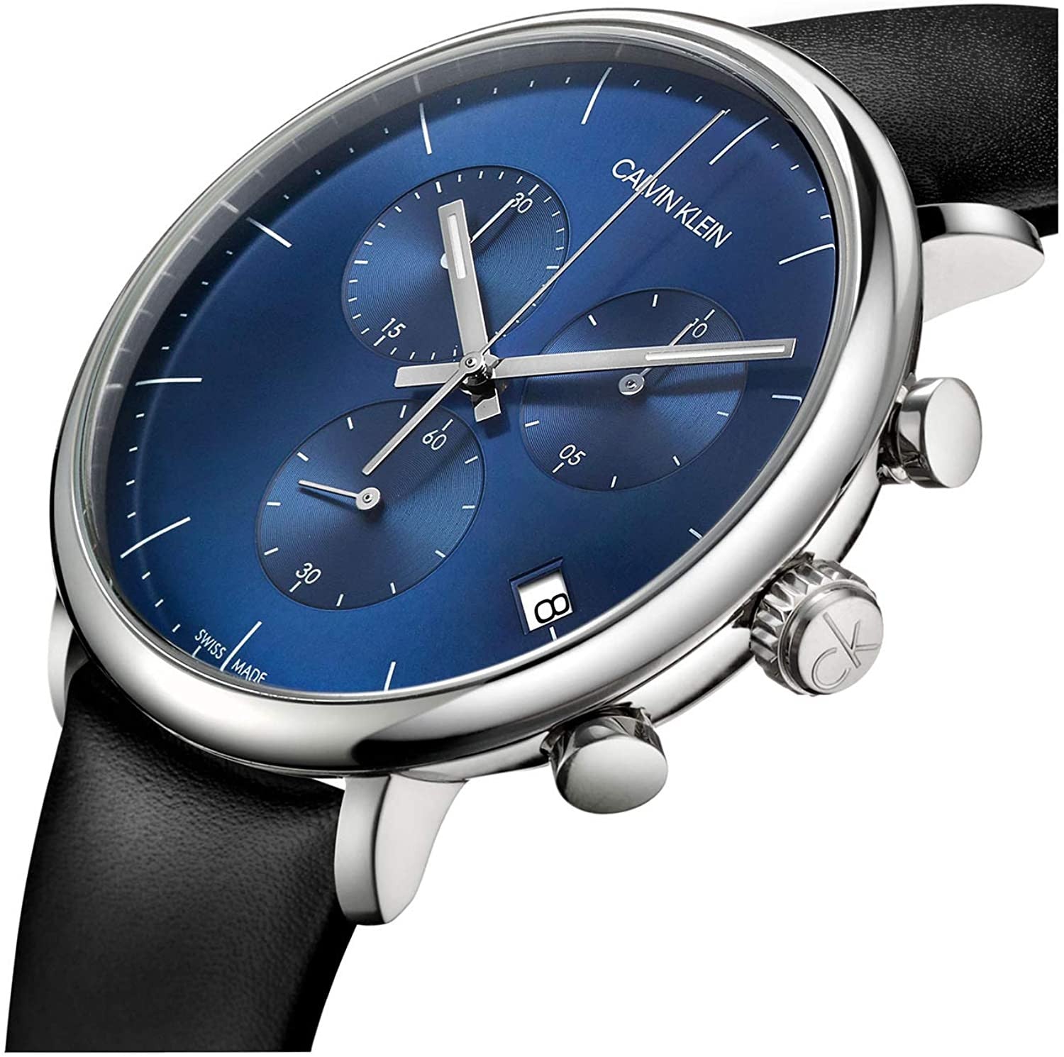 Calvin Klein High Noon Chronograph Blue Dial Black Leather Strap Watch for Men - K8M271CN Watches Calvin Klein   