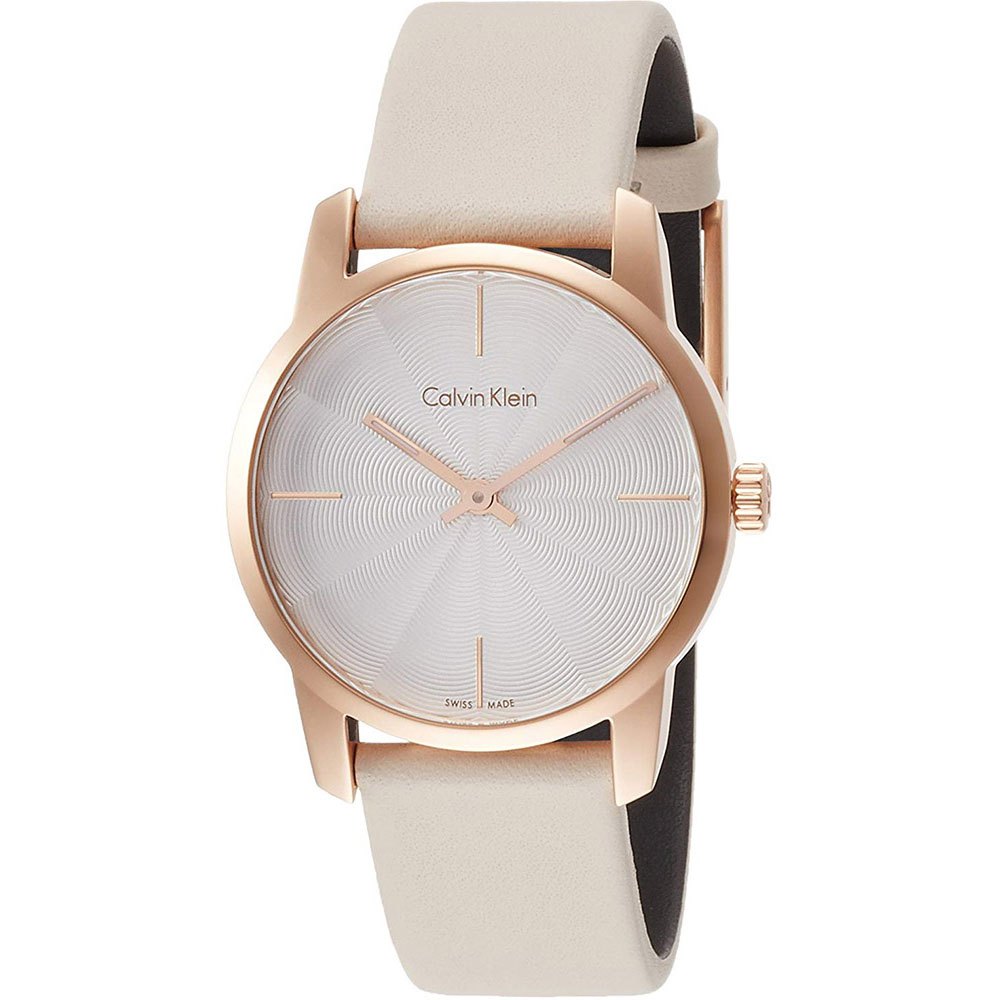 Calvin Klein City Silver Dial White Leather Strap Watch for Women - K2G236X6 Watches Calvin Klein   