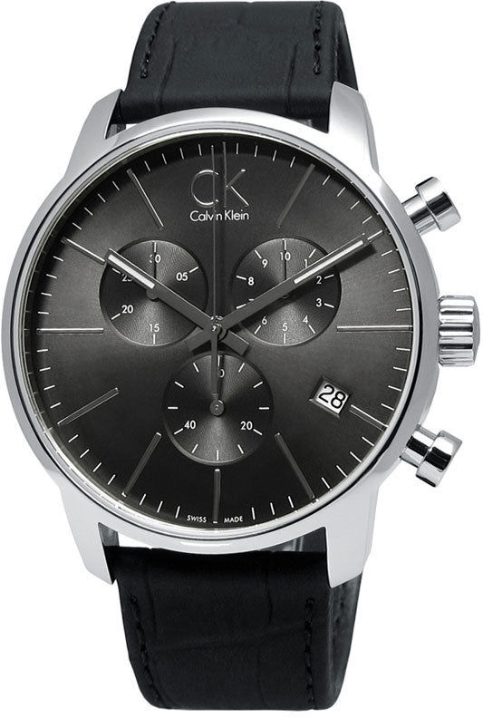 Calvin Klein City Chronograph Black Dial Black Leather Strap Watch for Men - K2G271C3 Watches Calvin Klein   