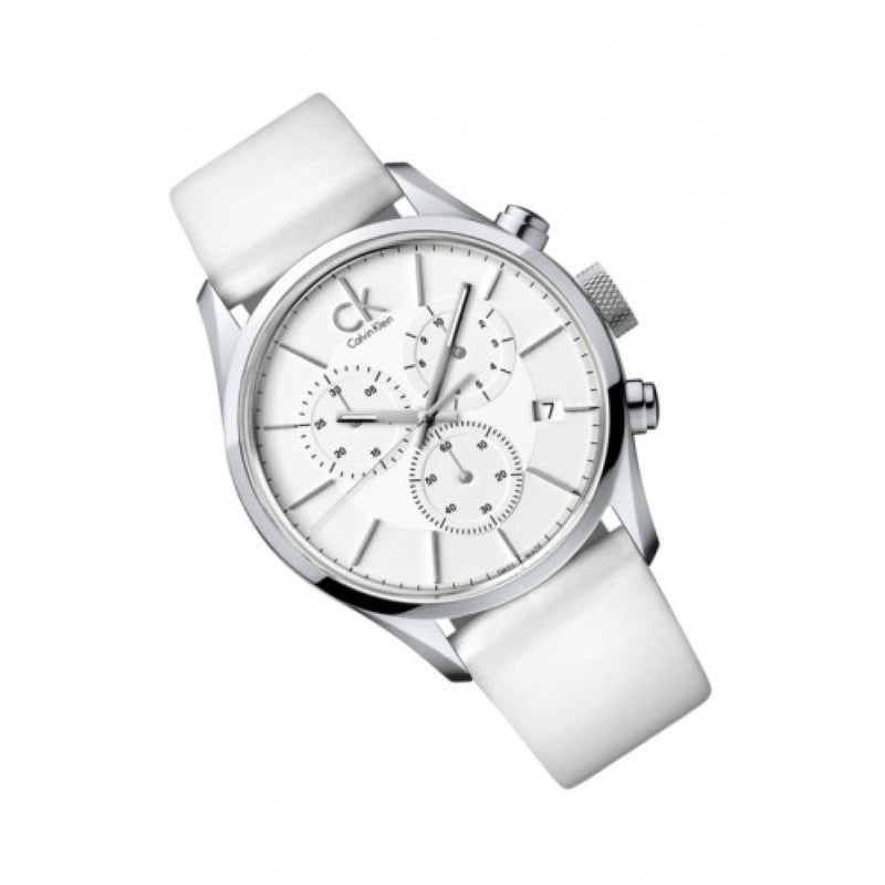 Calvin Klein Masculine Chronograph White Dial White Leather Strap Watch for Men - K2H27101 Watches Calvin Klein   