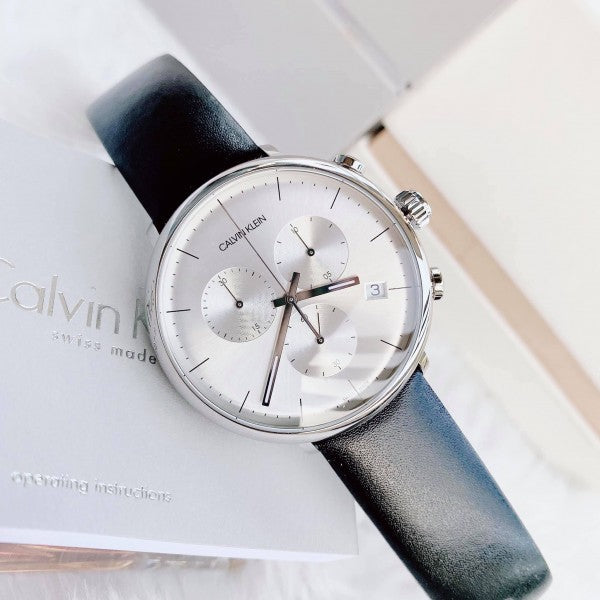 Calvin Klein High Noon Chronograph White Dial Black Leather Strap Watch for Men - K8M271C6 Watches Calvin Klein   