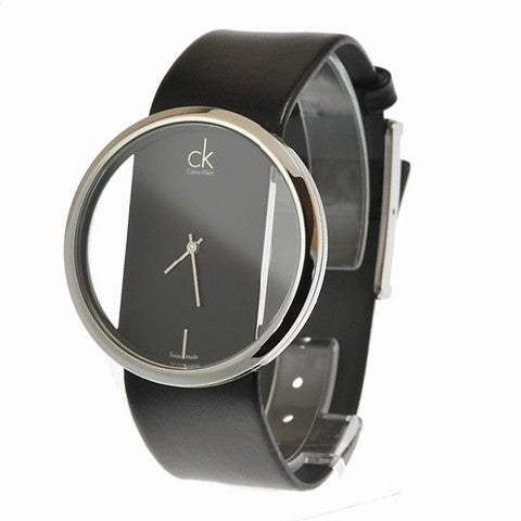 Calvin Klein Glam Transparent Dial Black Leather Strap Watch for Women - K9423107 Watches Calvin Klein   