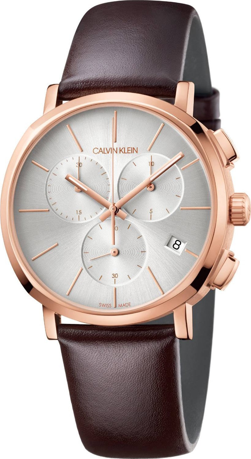 Calvin Klein Posh Chronograph White Dial Brown Leather Strap Watch for Men - K8Q376G6 Watches Calvin Klein   