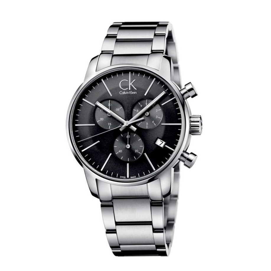 Calvin Klein City Chronograph Black Dial Silver Steel Strap Watch for Men - K2G27143 Watches Calvin Klein   