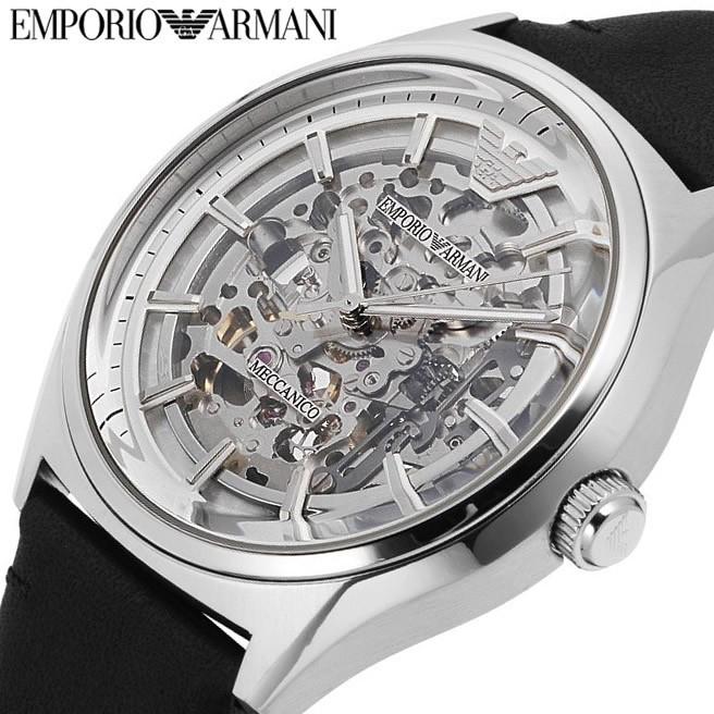 Emporio Armani Meccanico White Skeleton Dial Black Leather Strap Watch For Men - AR60003 Watches Emporio Armani   