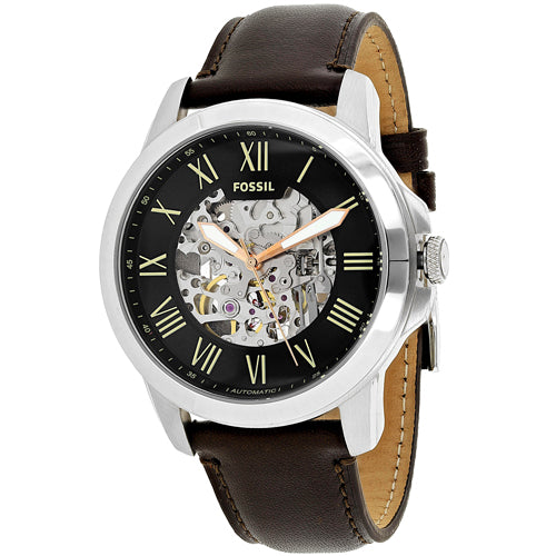 Fossil Grant Automatic Skeleton Black Dial Brown Leather Strap Watch for Men - ME3100 Watches Fossil   