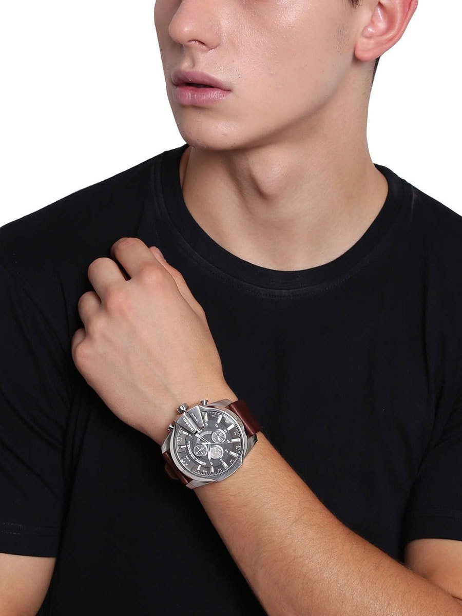 Diesel Mega Chief Black & Silver Round Dial Brown Leather Watch For Men - DZ4290 Watches Diesel   
