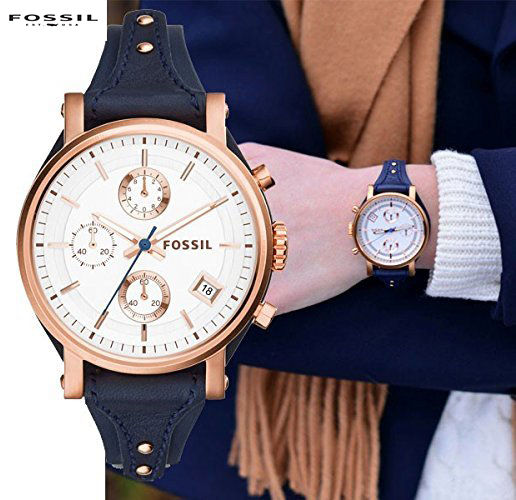 Fossil Original Boyfriend Chronograph White Dial Navy Blue Leather Strap Watch for Women - ES3838 Watches Fossil   