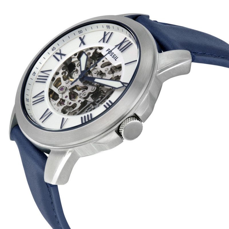 Fossil Grant Automatic Skeleton Silver Dial Blue Leather Strap Watch for Men - ME3111 Watches Fossil   