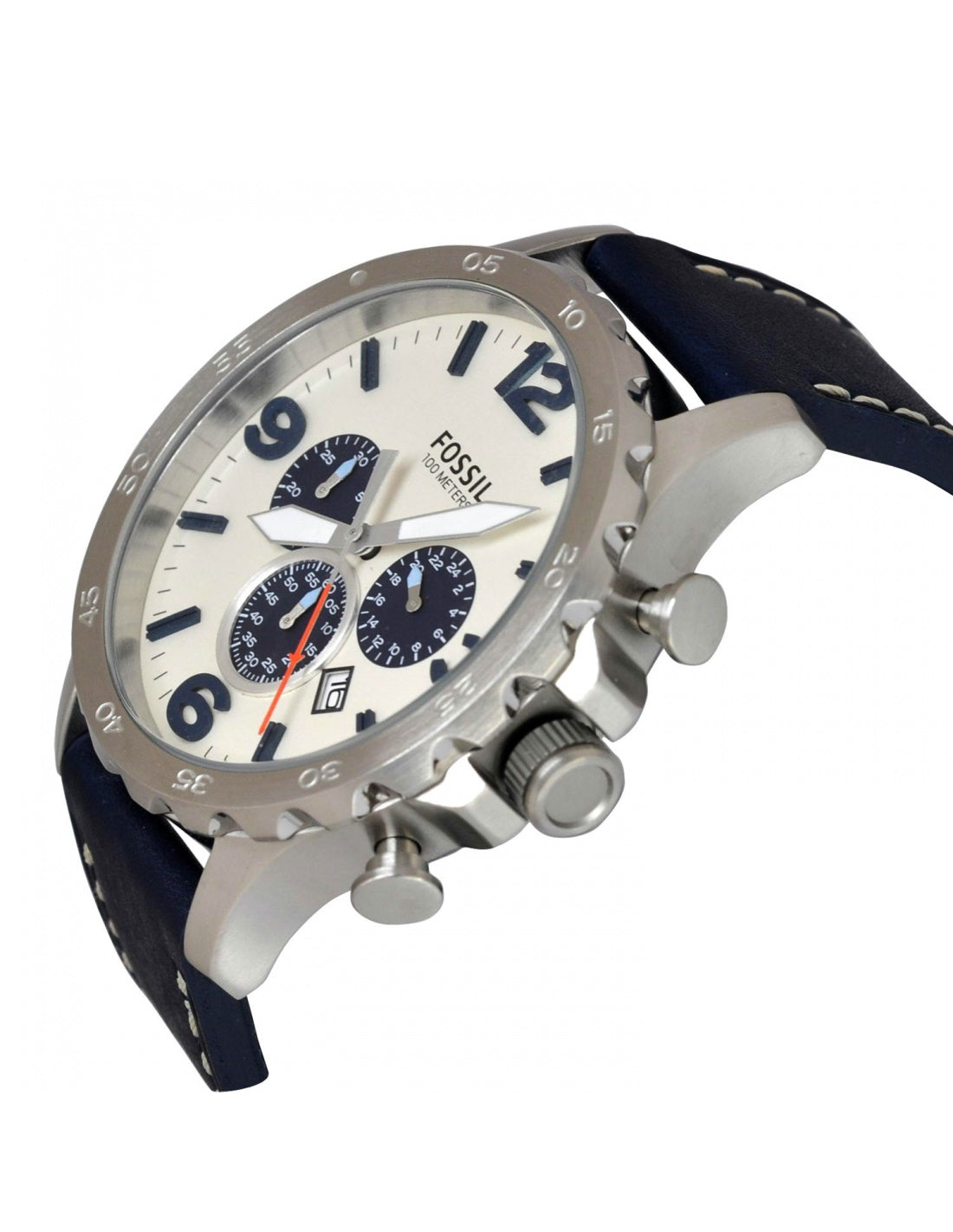 Fossil Nate Chronograph White Dial Blue Leather Strap Watch for Men - JR1480 Watches Fossil   