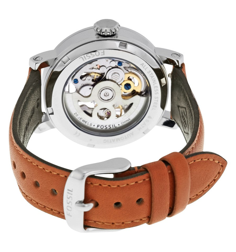 Fossil Boyfriend Automatic Skeleton Silver Dial Brown Leather Strap Watch for Women - ME3109 Watches Fossil   