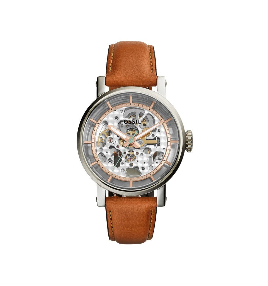Fossil Boyfriend Automatic Skeleton Silver Dial Brown Leather Strap Watch for Women - ME3109 Watches Fossil   