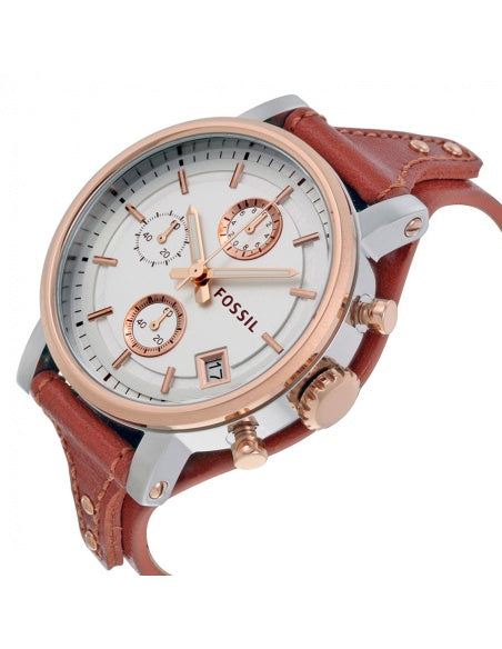 Fossil Boyfriend Chronograph White Dial Brown Leather Strap Watch for Women - ES3837 Watches Fossil   