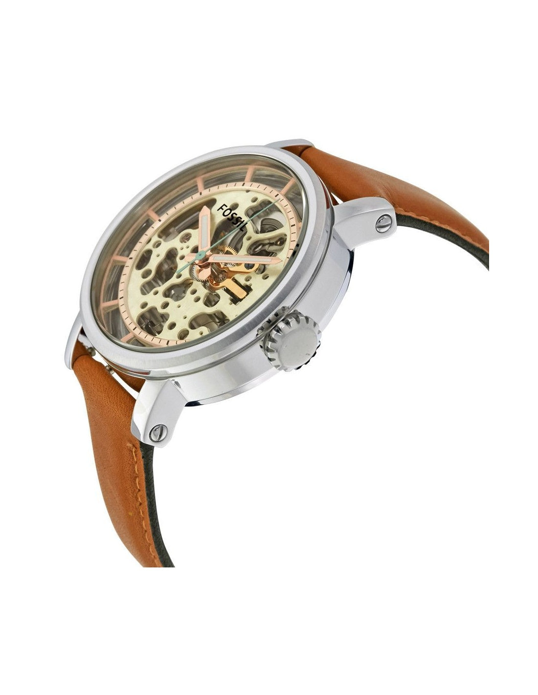 Fossil Boyfriend Automatic Skeleton Silver Dial Brown Leather Strap Watch for Women - ME3109 Watches Fossil   