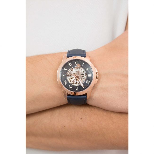 Fossil Grant Automatic Skeleton Navy Blue Dial Navy Blue Leather Strap Watch for Men - ME3102 Watches Fossil   