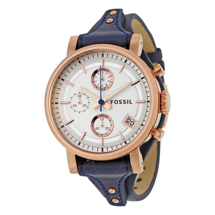 Fossil Original Boyfriend Chronograph White Dial Navy Blue Leather Strap Watch for Women - ES3838 Watches Fossil   