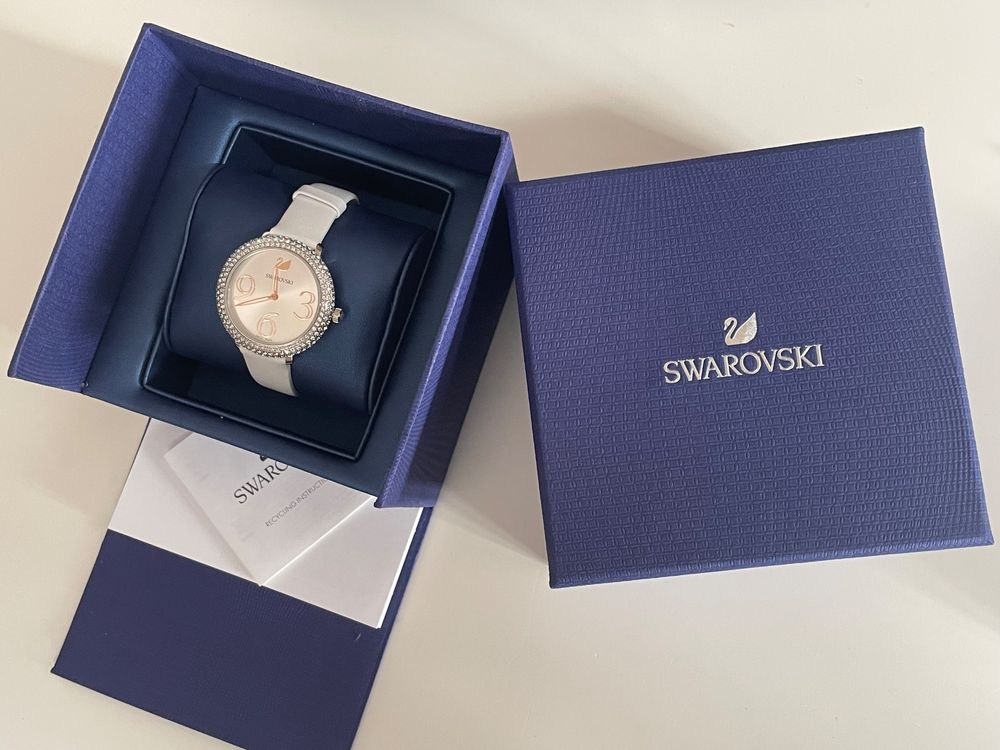 Swarovski Crystal Frost Silver Dial White Leather Strap Watch for Women - 5484070 Watches Swarovski   