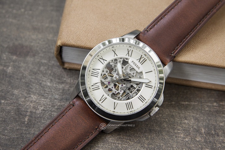 Fossil Grant Automatic Beige Skeleton Dial Brown Leather Strap Watch for Men - ME3099 Watches Fossil   