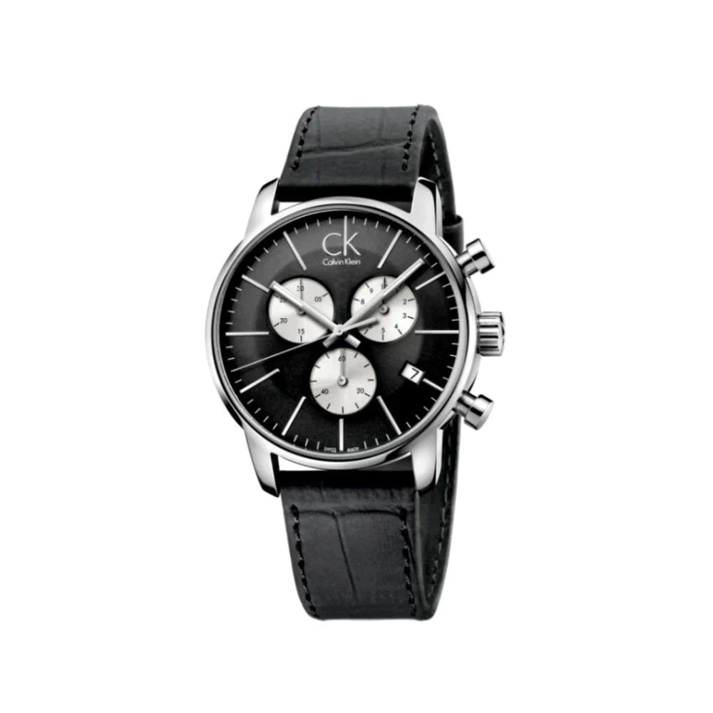 Calvin Klein City Chronograph Black Dial Black Leather Strap Watch for Men - K2G271CX Watches Calvin Klein   