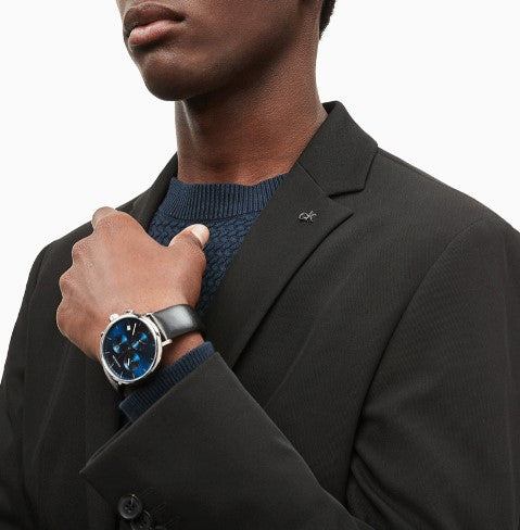 Calvin Klein High Noon Chronograph Blue Dial Black Leather Strap Watch for Men - K8M271CN Watches Calvin Klein   