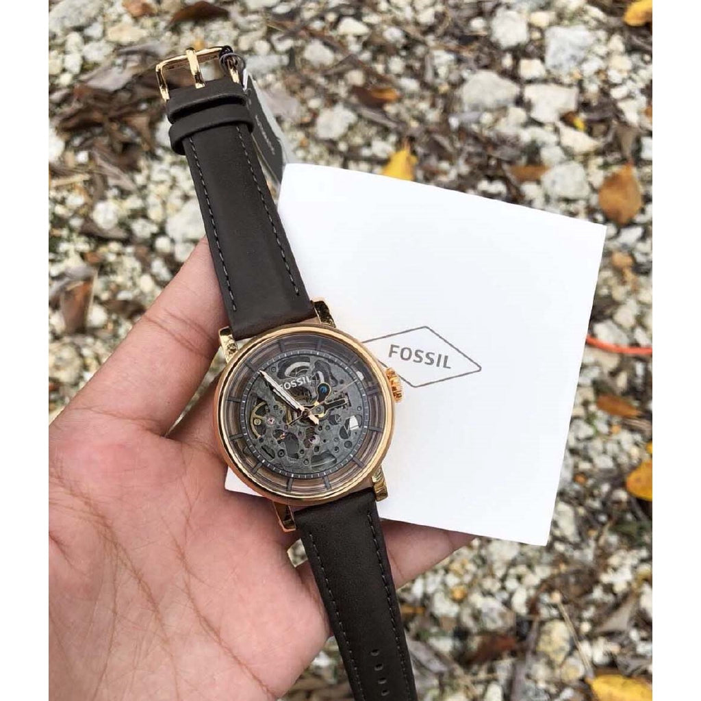 Fossil Boyfriend Automatic Skeleton Grey Dial Grey Leather Strap Watch for Women - ME3089 Watches Fossil   