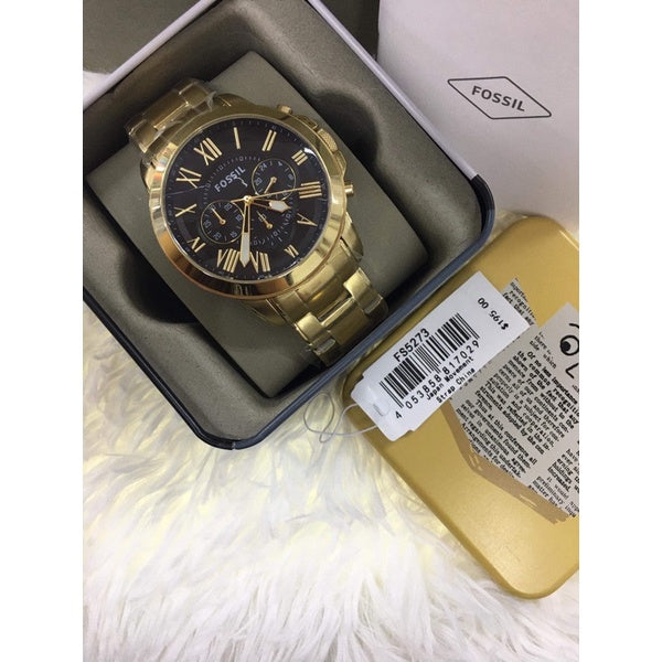 Fossil Grant Chronograph Black Dial Gold Steel Strap Watch for Men - FS4815 Watches Fossil   