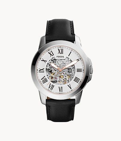 Fossil Grant Automatic Skeleton White Dial Black Leather Strap Watch for Men - ME3101 Watches Fossil   