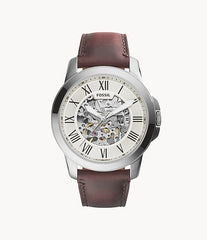 Fossil Grant Automatic Beige Skeleton Dial Brown Leather Strap Watch for Men - ME3099 Watches Fossil   