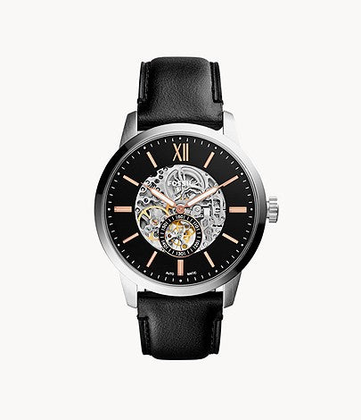 Fossil Townsman Skeleton Black Dial Black Leather Strap Watch for Men - ME3153 Watches Fossil   