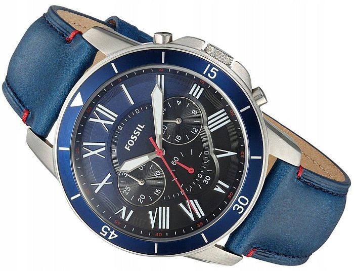 Fossil Grant Chronograph Blue Dial Blue Leather Strap Watch for Men - FS5373 Watches Fossil   