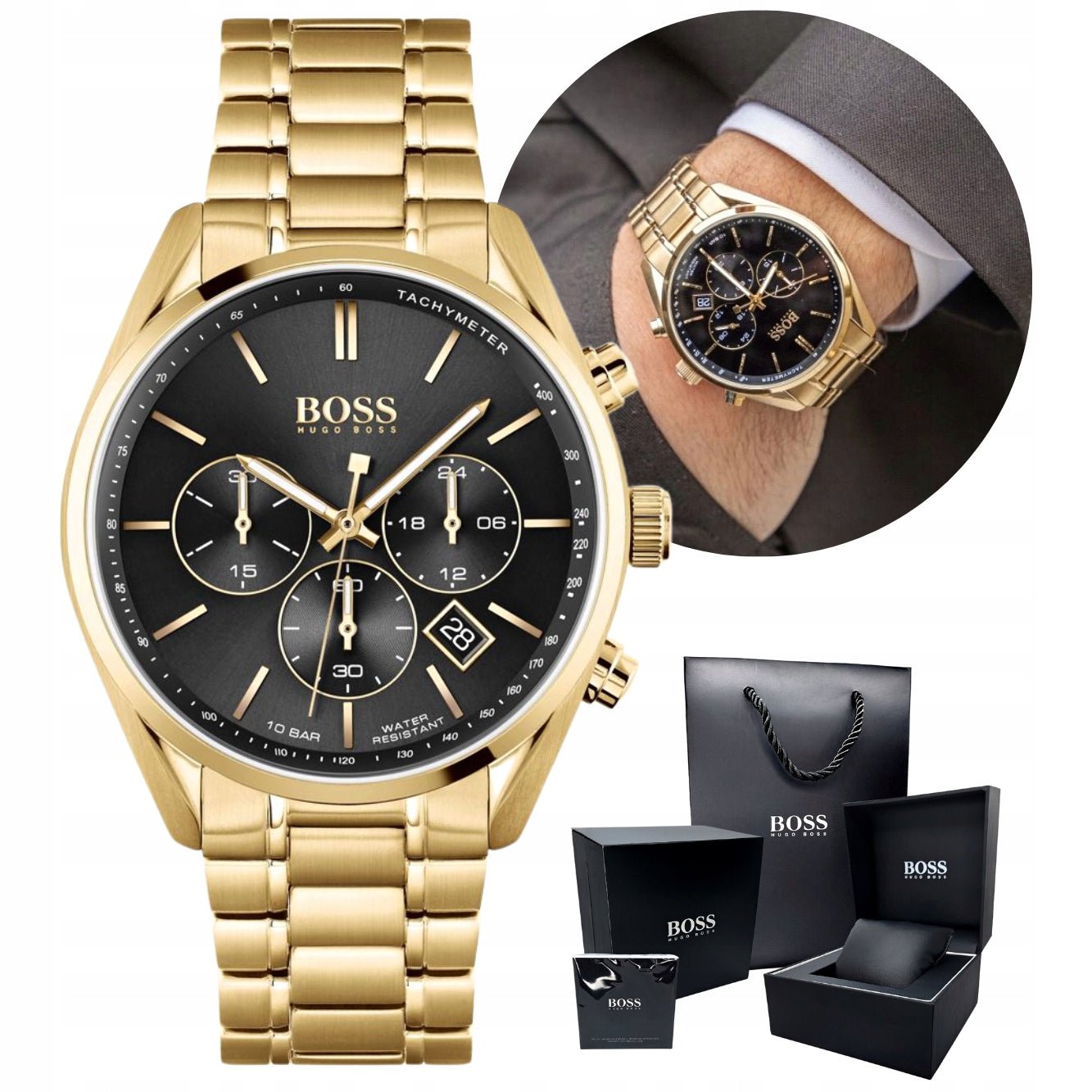 Hugo Boss Champion Black Dial Gold Steel Strap Watch for Men - 1513848 Watches Hugo Boss   