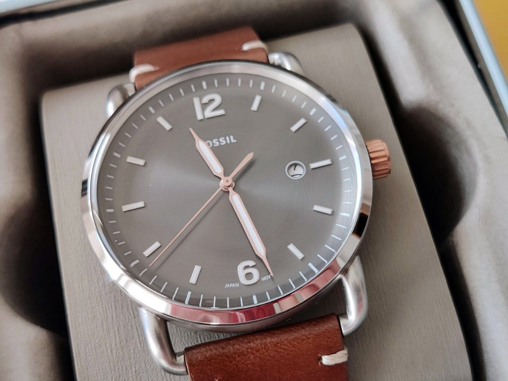 Fossil Commuter Grey Dial Brown Leather Strap Watch for Men - FS5417 Watches Fossil   