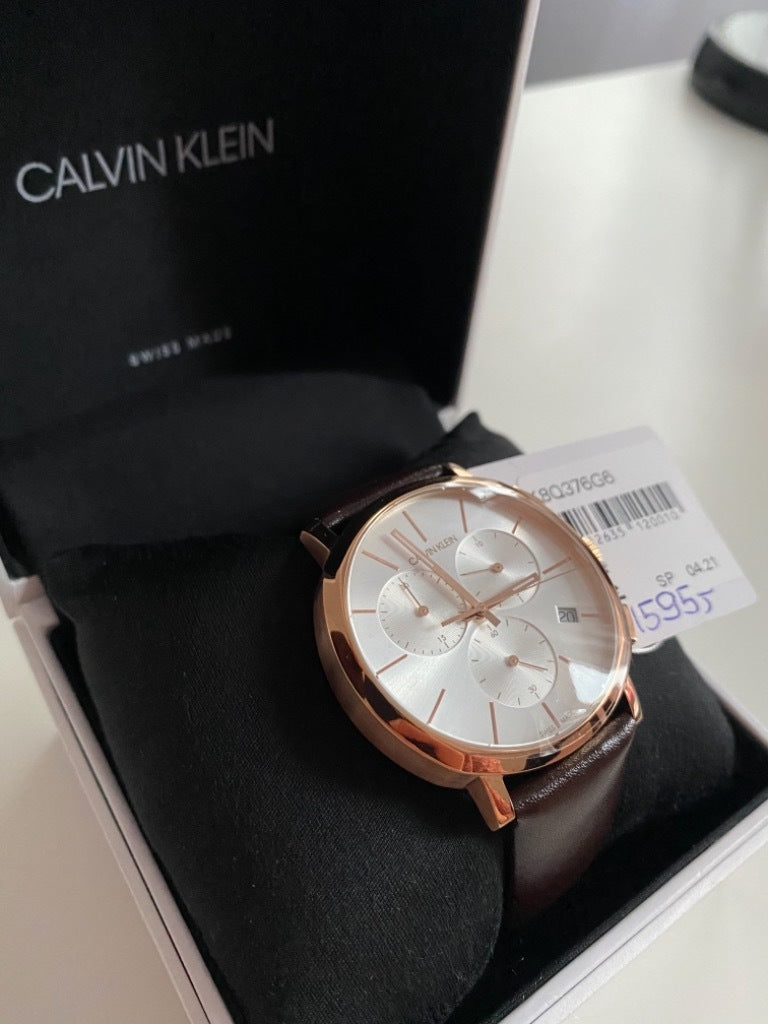 Calvin Klein Posh Chronograph White Dial Brown Leather Strap Watch for Men - K8Q376G6 Watches Calvin Klein   