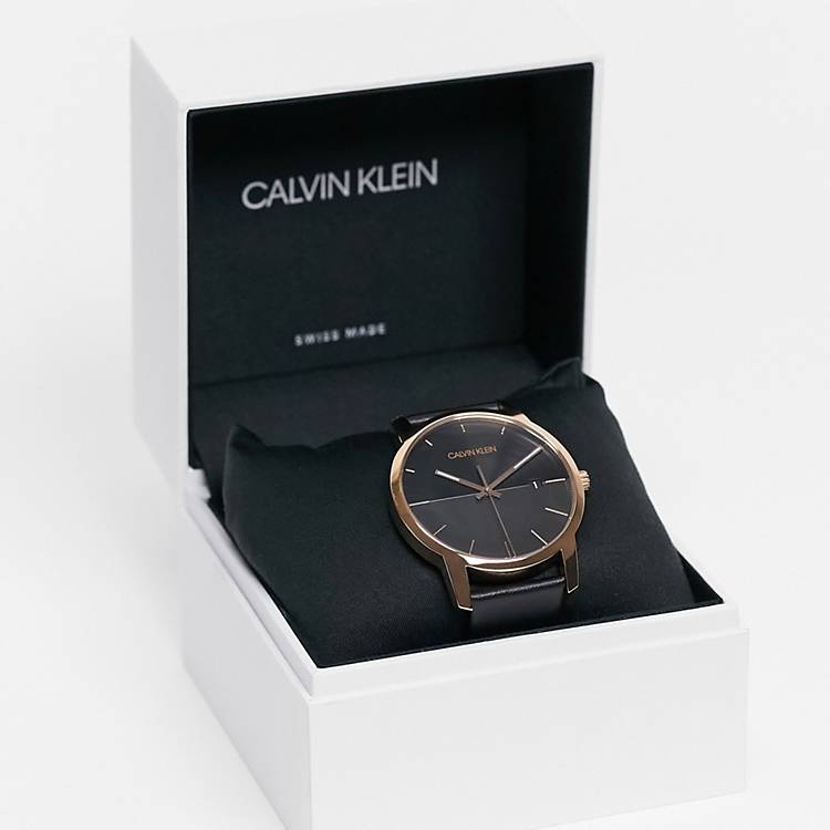 Calvin Klein City Quartz Black Dial Black Leather Strap Watch for Men - K2G2G6CZ Watches Calvin Klein   