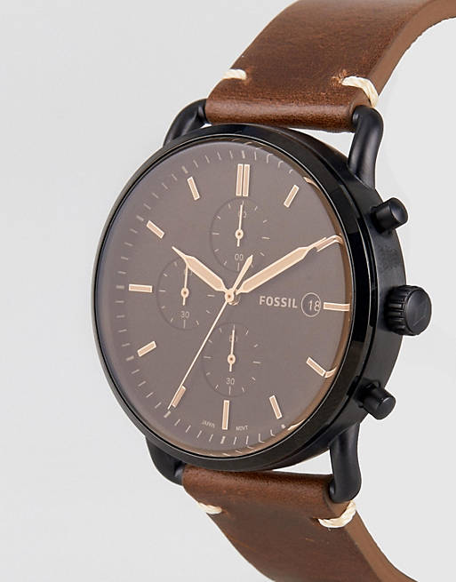 Fossil Commuter Chronograph Black Dial Brown Leather Strap Watch for Men - FS5403 Watches Fossil   