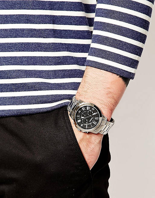 Fossil Grant Chronograph Black Dial Silver Steel Strap Watch for Men - FS4736 Watches Fossil   