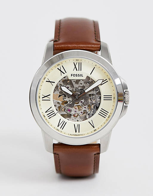 Fossil Grant Automatic Beige Skeleton Dial Brown Leather Strap Watch for Men - ME3099 Watches Fossil   