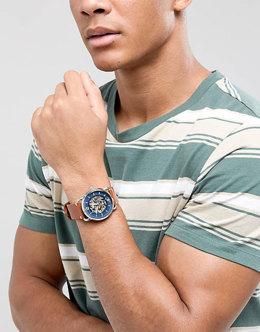 Fossil Commuter Automatic Skeleton Blue Dial Brown Leather Strap Watch for Men - ME3159 Watches Fossil   