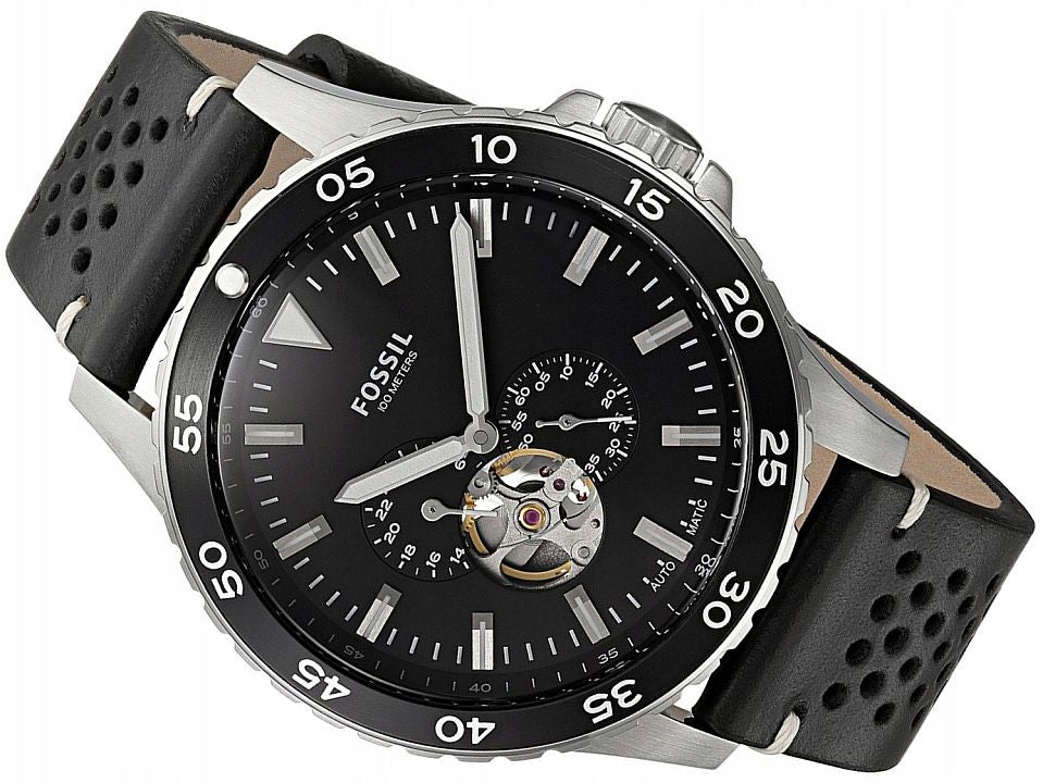 Fossil Crewmaster Sports Automatic Black Dial Black Leather Strap Watch for Men - ME3148 Watches Fossil   