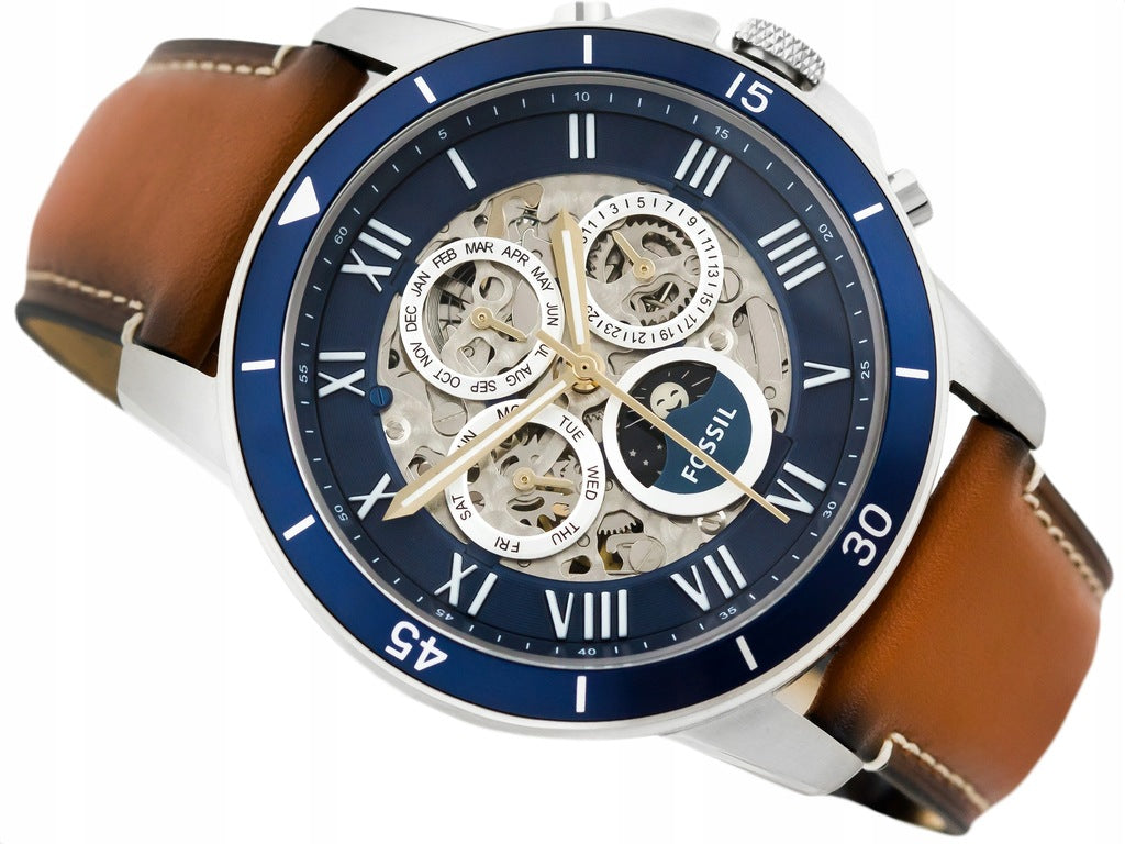 Fossil Grant Sport Automatic Skeleton Blue Dial Brown Leather Strap Watch for Men - ME3140 Watches Fossil   