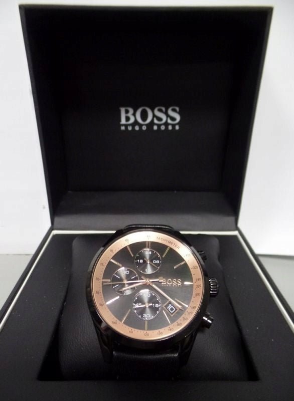 Hugo Boss Grand Prix Chronograph Black Dial Black Leather Strap Watch for Men - 1513550 Watches Hugo Boss   