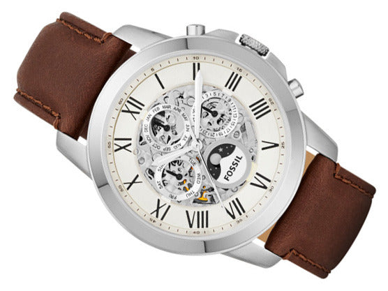 Fossil Grant Automatic White Dial Brown Leather Strap Watch for Men -  ME3027 Watches Fossil   