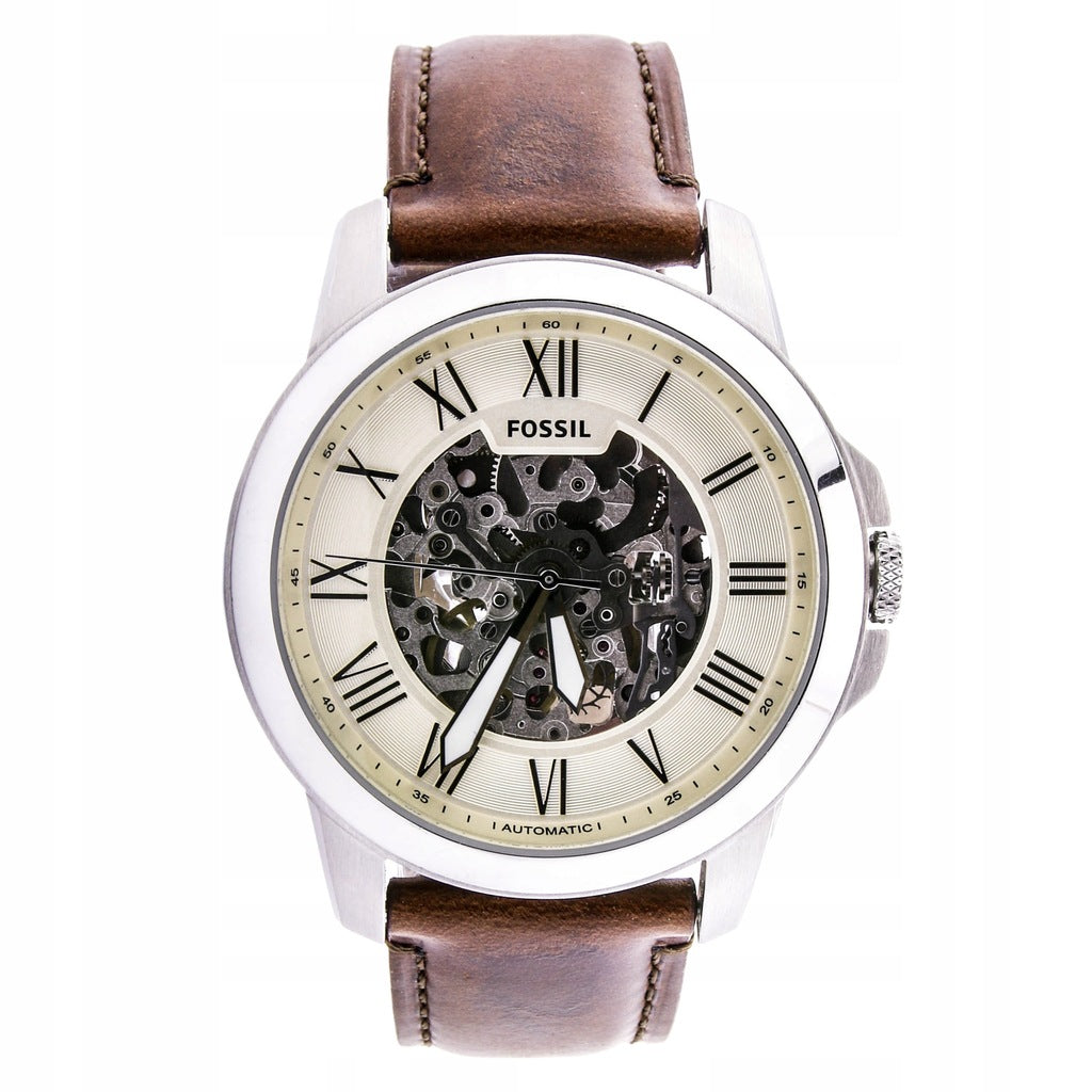 Fossil Grant Automatic Beige Skeleton Dial Brown Leather Strap Watch for Men - ME3099 Watches Fossil   