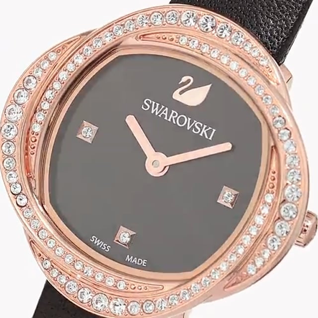 Swarovski Crystal Flower Black Dial Black Leather Strap Watch for Women - 5552421 Watches Swarovski   